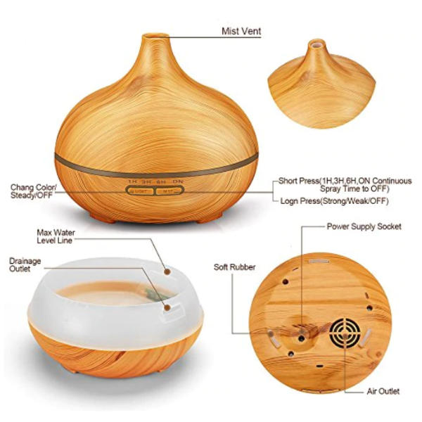 Wood Grain Aromacare Essential Oil Aroma LED Diffuser With Remote Control 550ml