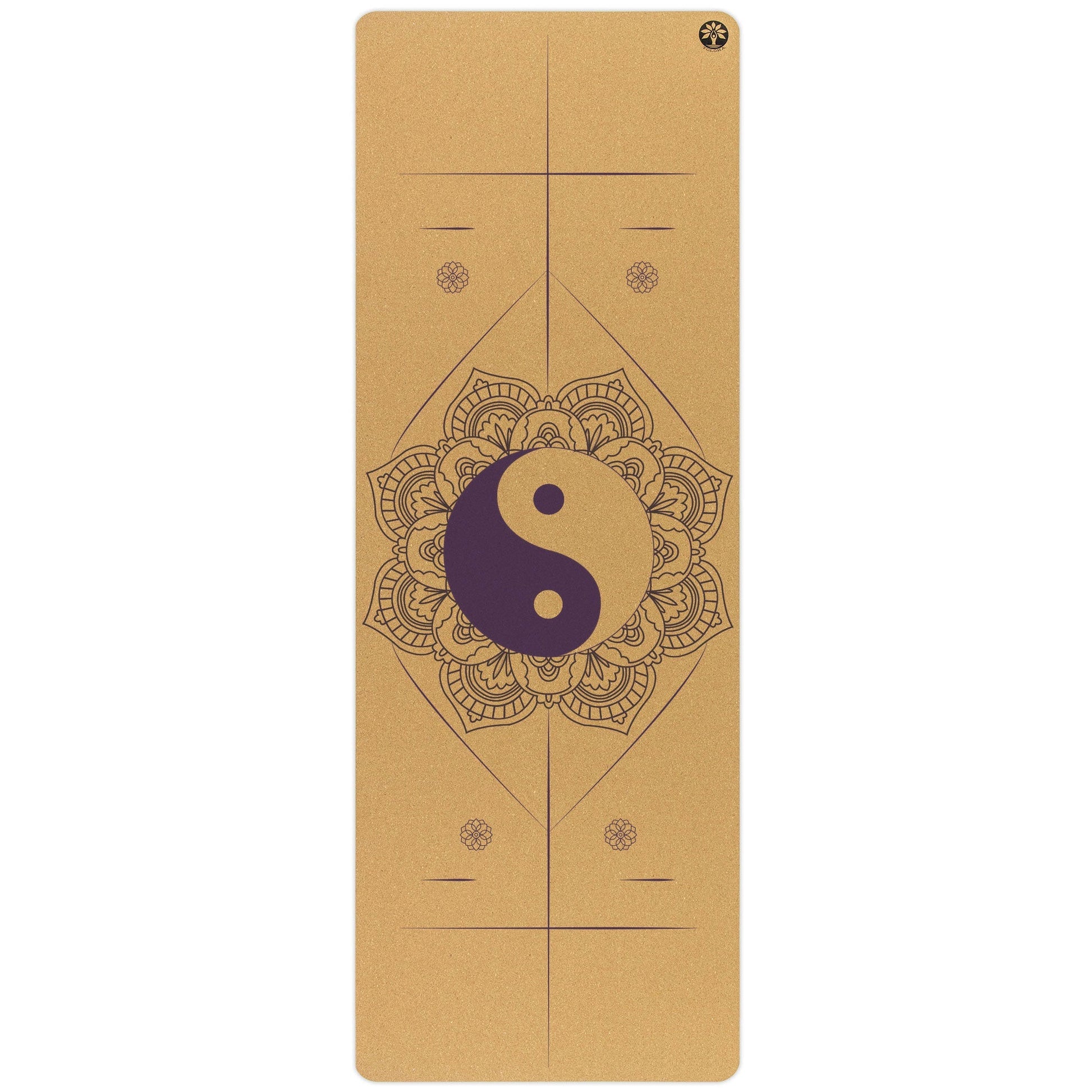 Yoga mat with yin yang symbol and mandala design on a white background