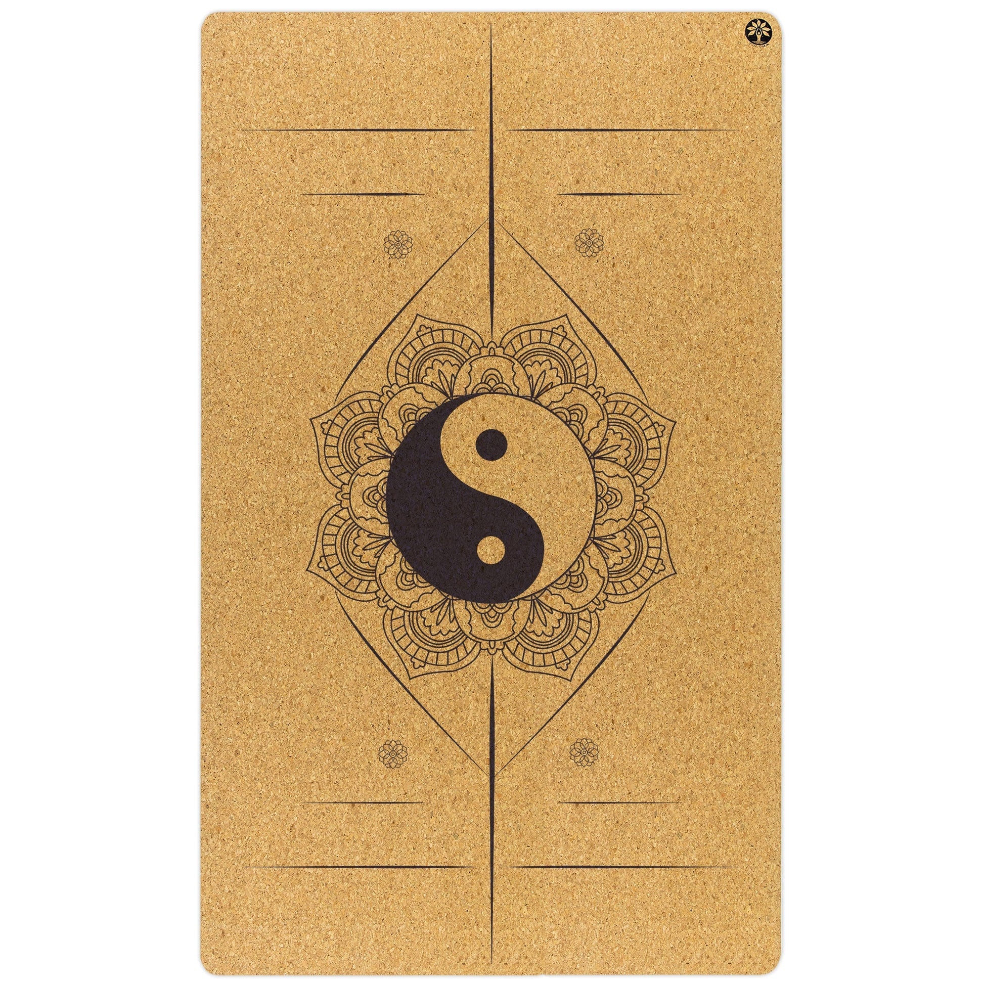Yoga mat with yin yang symbol and mandala design on a white background