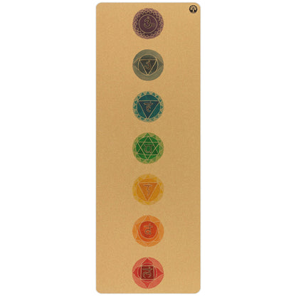 Yoga mat with chakra symbols on a beige background