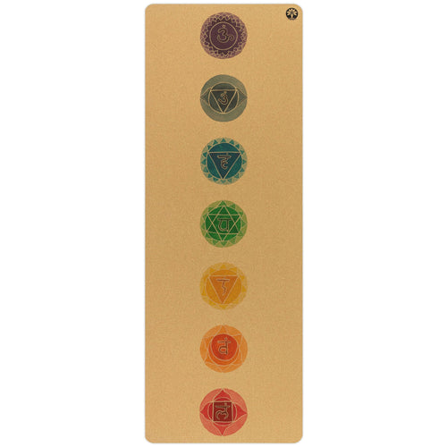 Yoga mat with chakra symbols on a beige background