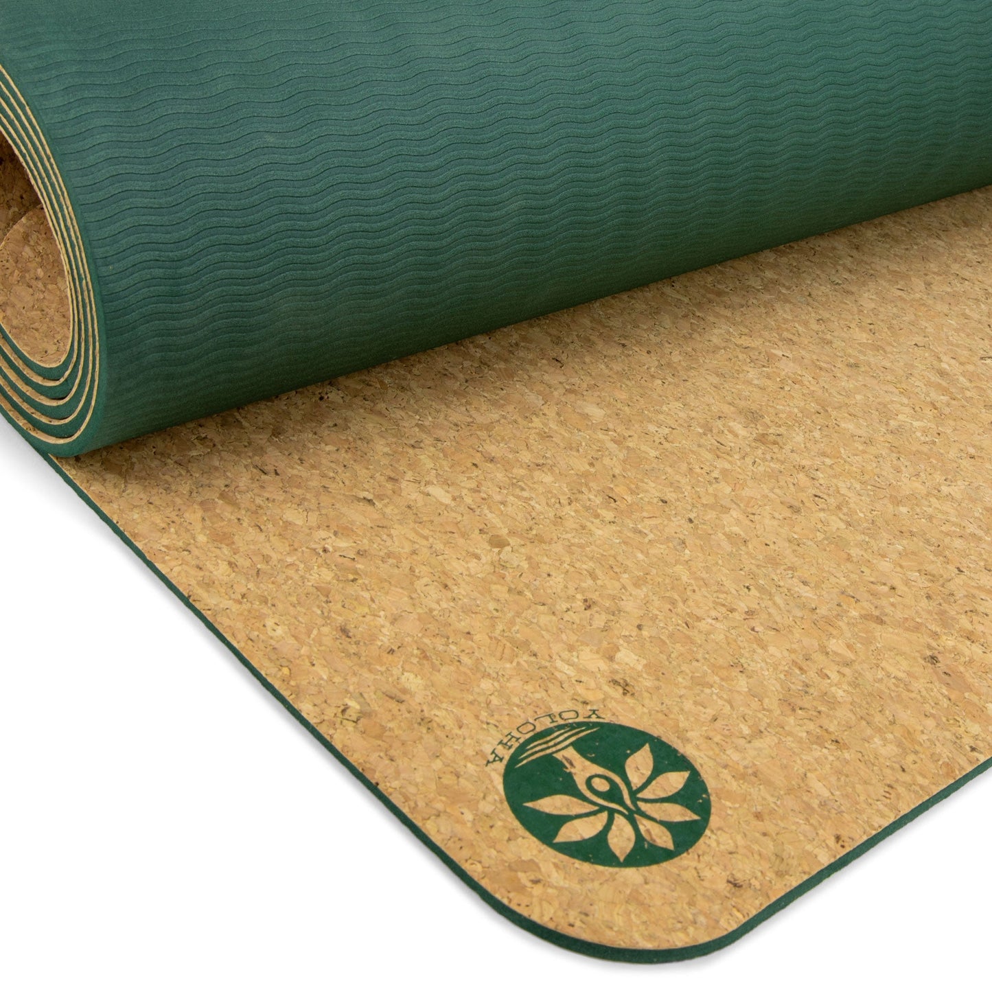 Green and cork yoga mat with a brand logo on a white background