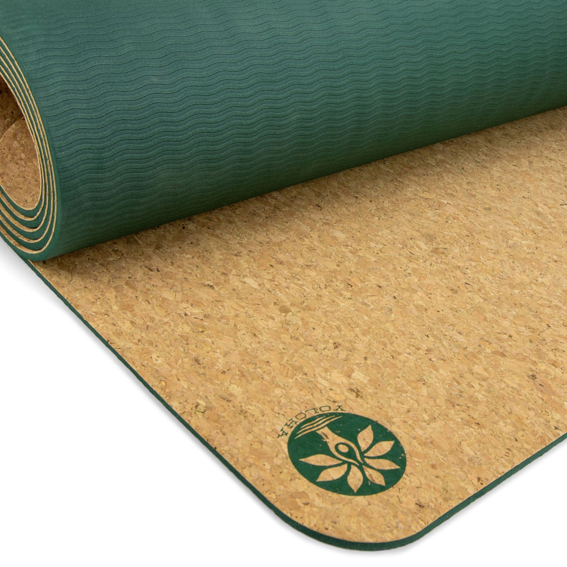 Green and cork yoga mat with a brand logo on a white background