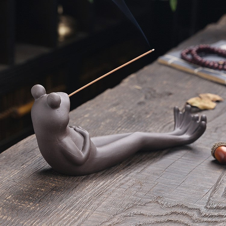 Handmade Clay Frog Incense Stick Holder Animal Statue Decor