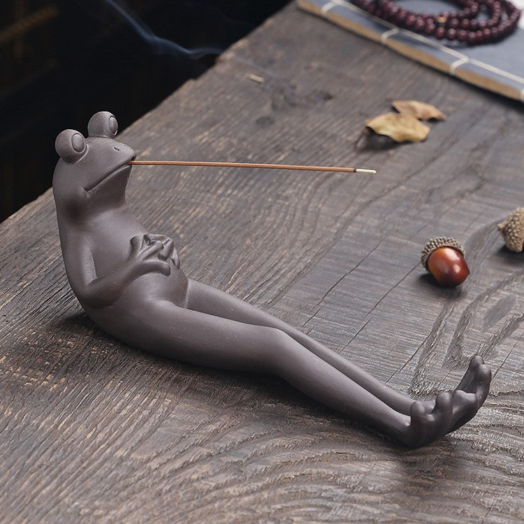 Handmade Clay Frog Incense Stick Holder Animal Statue Decor