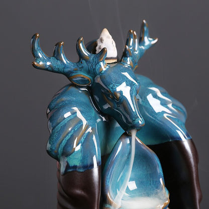 Blue Lucky Deer Ceramic Waterfall Backflow Incense Burner