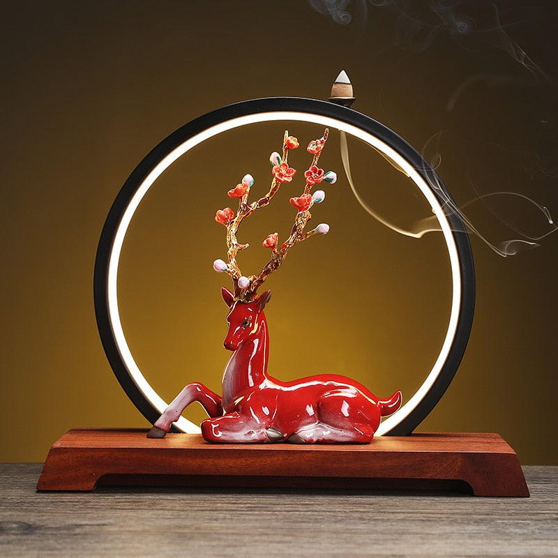Blossom Deer Round Backflow Incense Burner LED Lamp