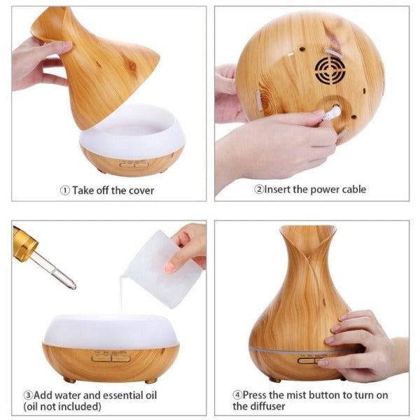 Wood Grain Tulip Essential Oil Aroma LED Diffuser With Controller 550ml
