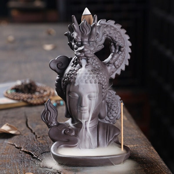 Head Of Buddha Backflow Incense Burner With Dragon