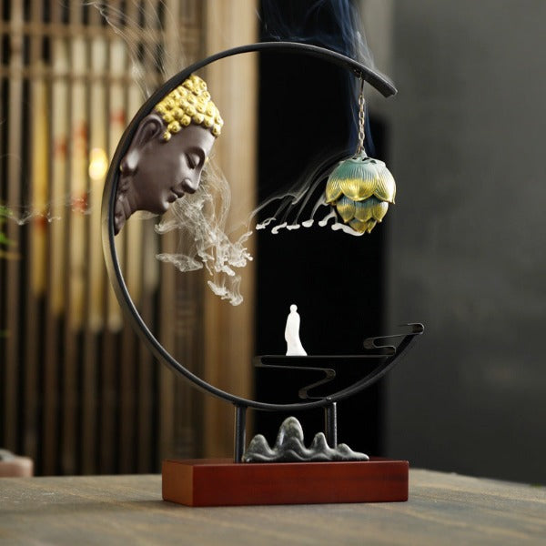 Buddha Large Incense Holder With Hanging Metal Lotus