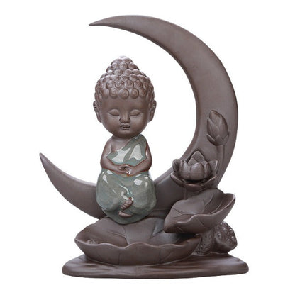 Little Buddha With Moon Backflow Incense Burner And Lotus Leaves