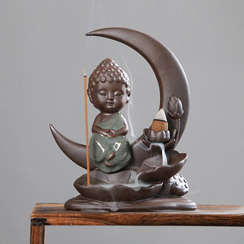 Little Buddha With Moon Backflow Incense Burner And Lotus Leaves
